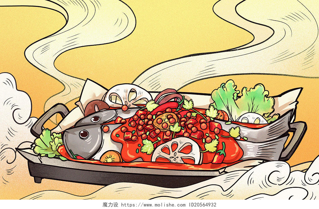 手绘国潮食物烤鱼美食插画